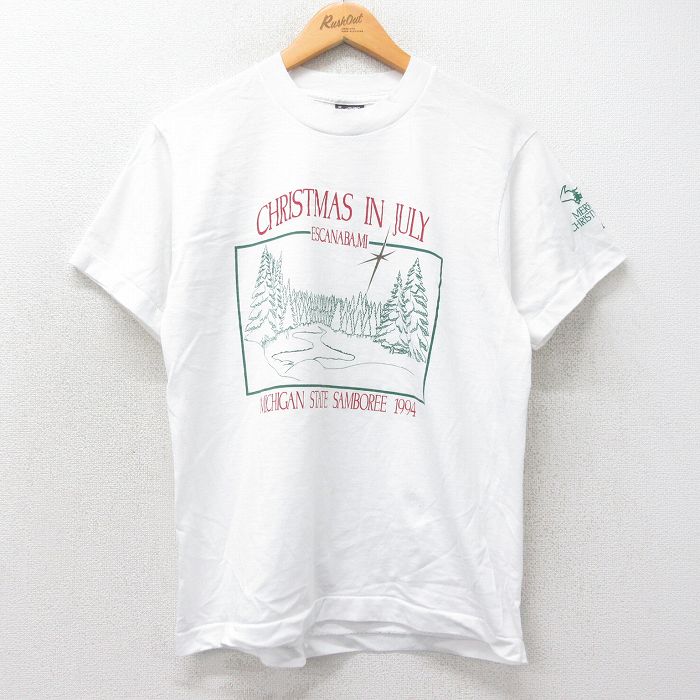 【50%OFF】M★古着 フルーツオブザルーム 半袖 ビンテージ Tシャツ メンズ 90年代 90s CHRISTMAS IN JULY クルーネック 白 ホワイト 25may16 中古