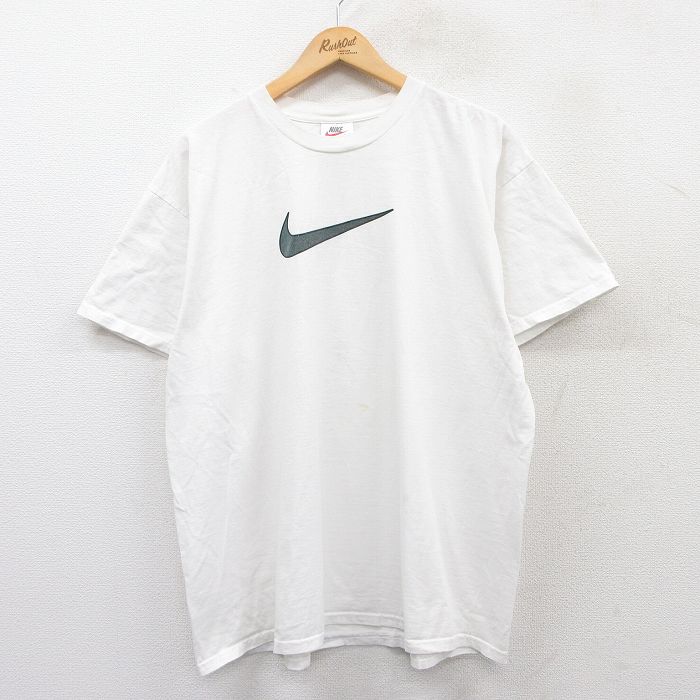 XL★古着 ナイキ NIKE 半袖 ビンテージ Tシャツ メンズ 90年代 90s ビッグロゴ 大きいサイズ コットン クルーネック 白 ホワイト 【spe】 25may16 中古