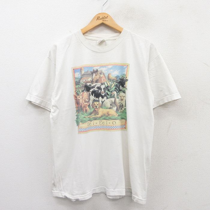 L★古着 半袖 ビンテージ Tシャツ メンズ 00年代 00s 牛 犬 ブタ コットン クルーネック 白 ホワイト 25may16 中古