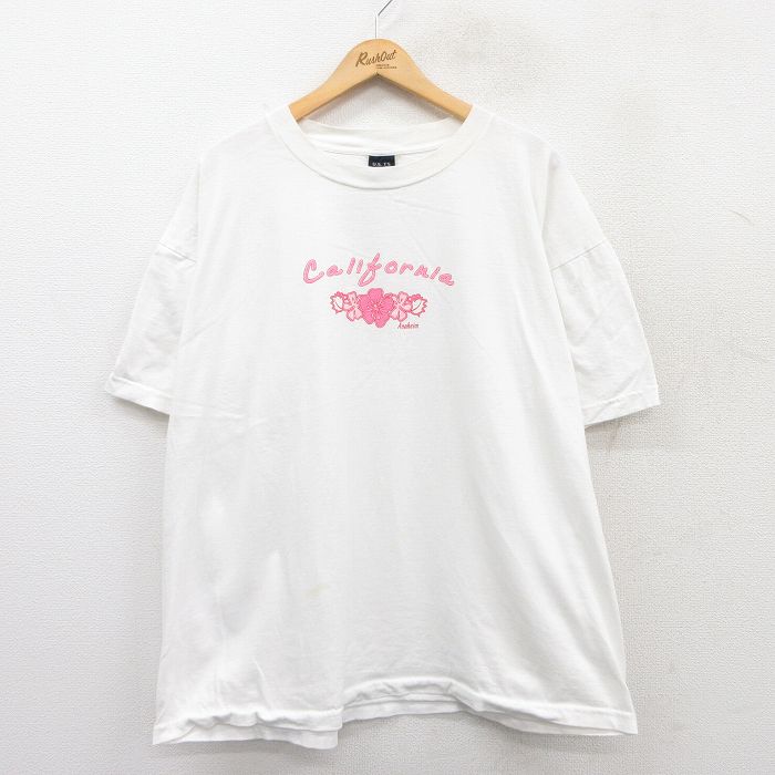 XL★古着 半袖 ビンテージ Tシャツ メンズ 90年代 90s カリフォルニア ハイビスカス 大きいサイズ コットン クルーネック 白 ホワイト 25may16 中古