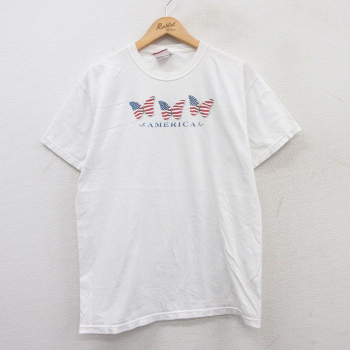 L★古着 半袖 ビンテージ Tシャツ メンズ 00年代 00s 蝶々 星条旗 コットン クルーネック 白 ホワイト 25may16 中古
