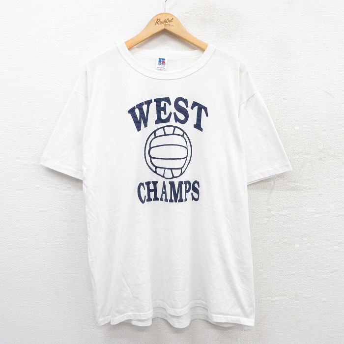 XL★古着 ラッセル 半袖 ビンテージ Tシャツ メンズ 80年代 80s バレーボール WEST CHAMPS 大きいサイズ クルーネック USA製 白 ホワイト 25may16 中古