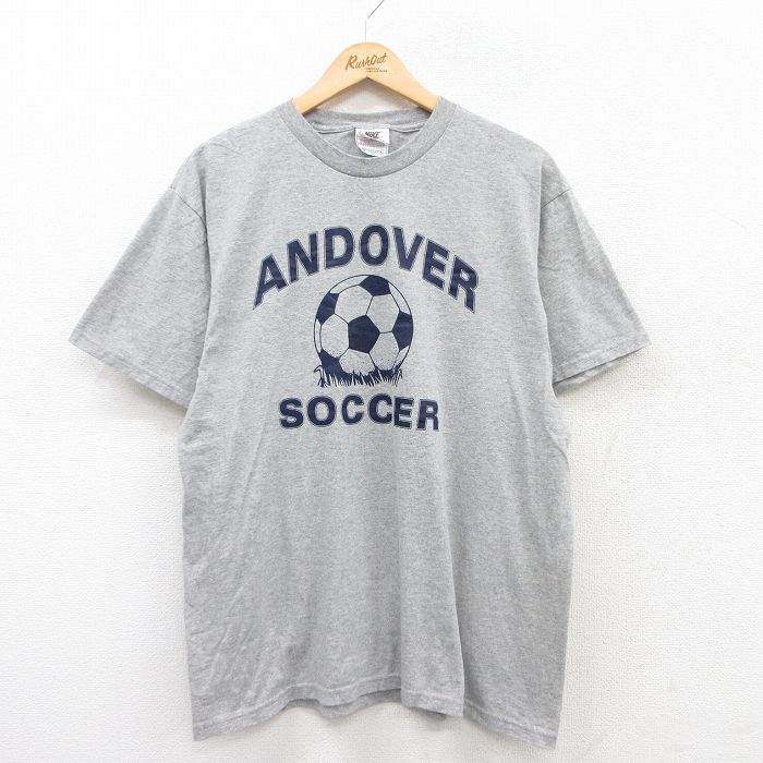 L★古着 ナイキ NIKE 半袖 ビンテージ Tシャツ メンズ 90年代 90s ビッグロゴ サッカーボール ANDOVER クルーネック USA製 グレー 霜降り 【spe】 25may16 中古