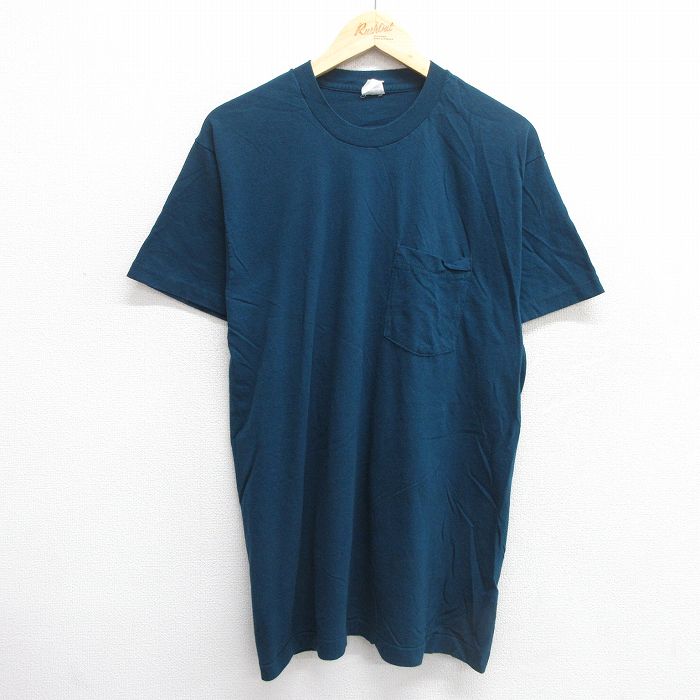 L★古着 フルーツオブザルーム 半袖 ビンテージ Tシャツ メンズ 80年代 80s 無地 胸ポケット付き コットン クルーネック USA製 青緑 25may16 中古