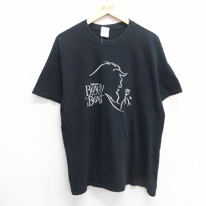 L★古着 半袖 ビンテージ Tシャツ メンズ 00年代 00s ディズニー DISNEY 美女と野獣 コットン クルーネック 黒 ブラック 25may16 中古