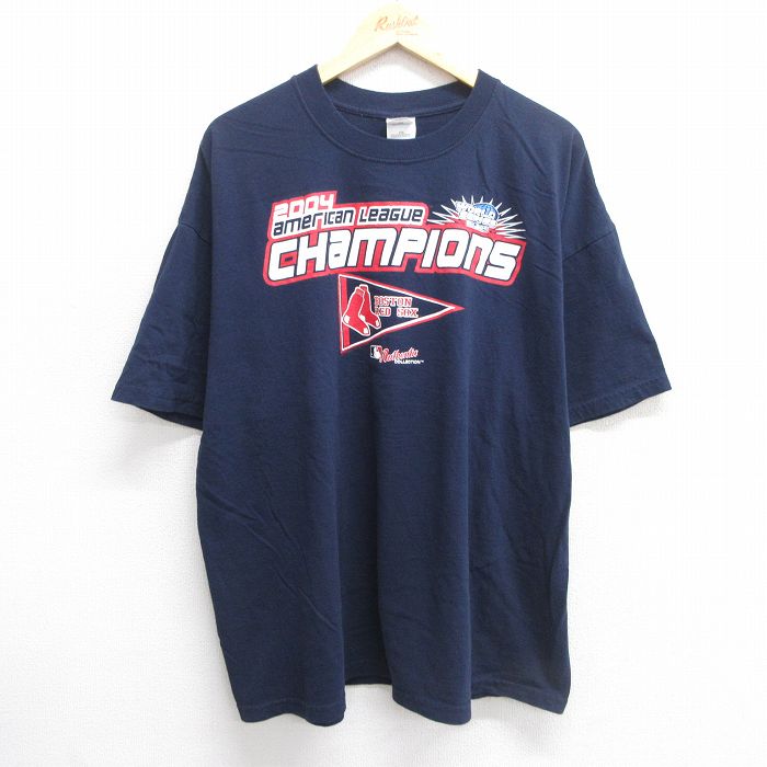 XL★古着 半袖 ビンテージ Tシャツ メンズ 00年代 00s MLB ボストンレッドソックス 大きいサイズ コットン クルーネック 紺 ネイビー メジャーリーグ ベースボール 野球 25may16 中古