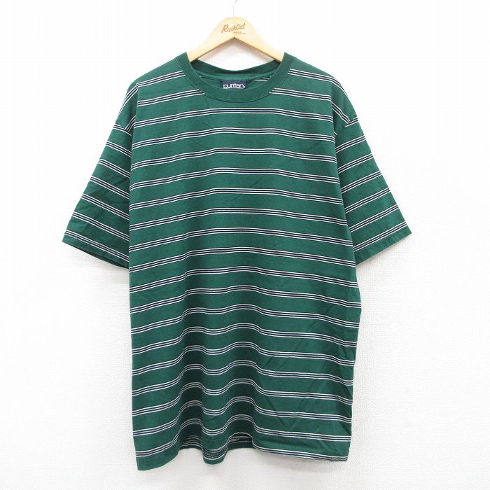 XL★古着 ピューリタン 半袖 ビンテージ Tシャツ メンズ 90年代 90s 大きいサイズ ロング丈 クルーネック USA製 緑 グリーン ボーダー 【spe】 25may17 中古