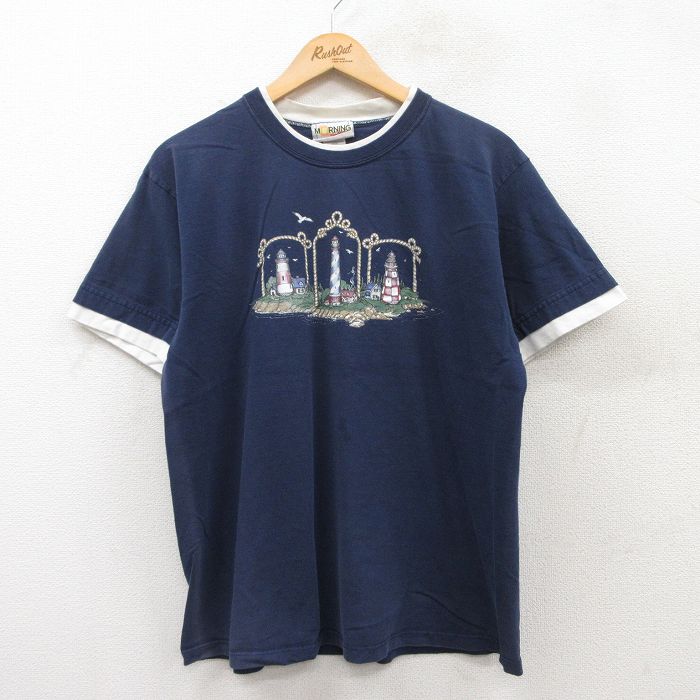L★古着 半袖 ビンテージ Tシャツ メンズ 90年代 90s 灯台 コットン クルーネック USA製 紺 ネイビー 25may17 中古