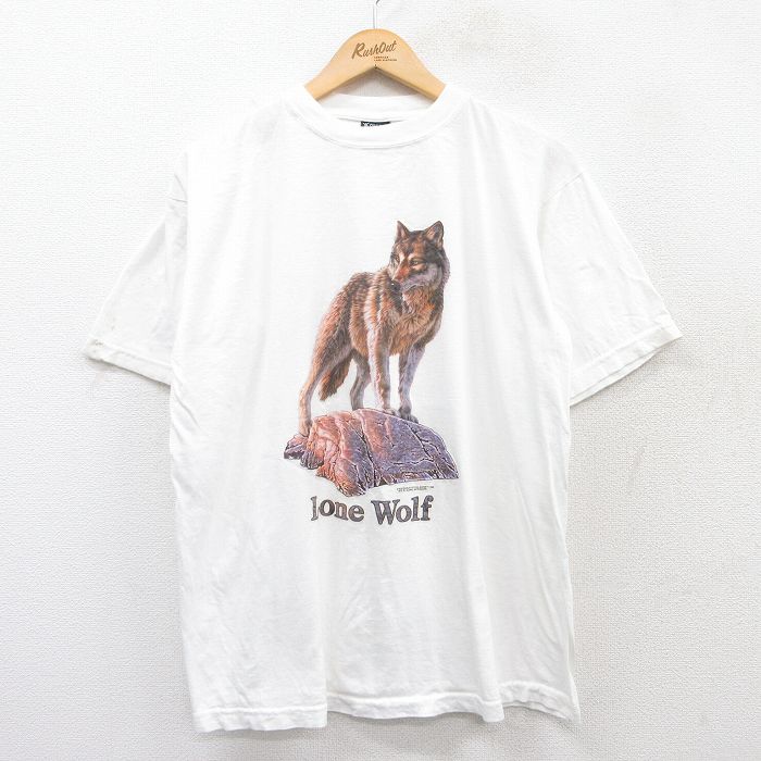 XL★古着 半袖 ビンテージ Tシャツ メンズ 90年代 90s オオカミ コットン クルーネック 白 ホワイト 25may19 中古