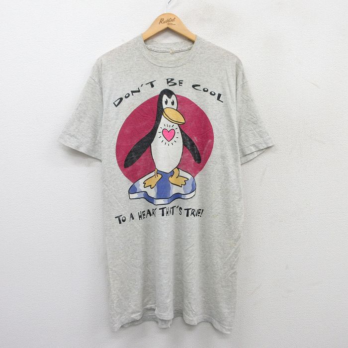 XL★古着 半袖 ビンテージ Tシャツ メンズ 90年代 90s ペンギン ロング丈 クルーネック 薄グレー 霜降り 25may19 中古