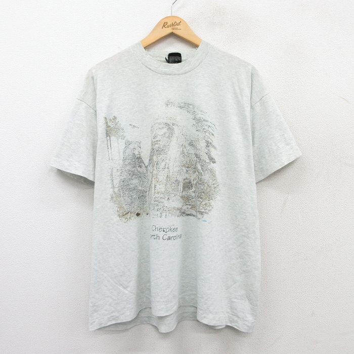【50%OFF】XL★古着 フルーツオブザルーム 半袖 ビンテージ Tシャツ メンズ 90年代 90s インディアン クマ 大きいサイズ クルーネック USA製 薄グレー 霜降り 25may19 中古