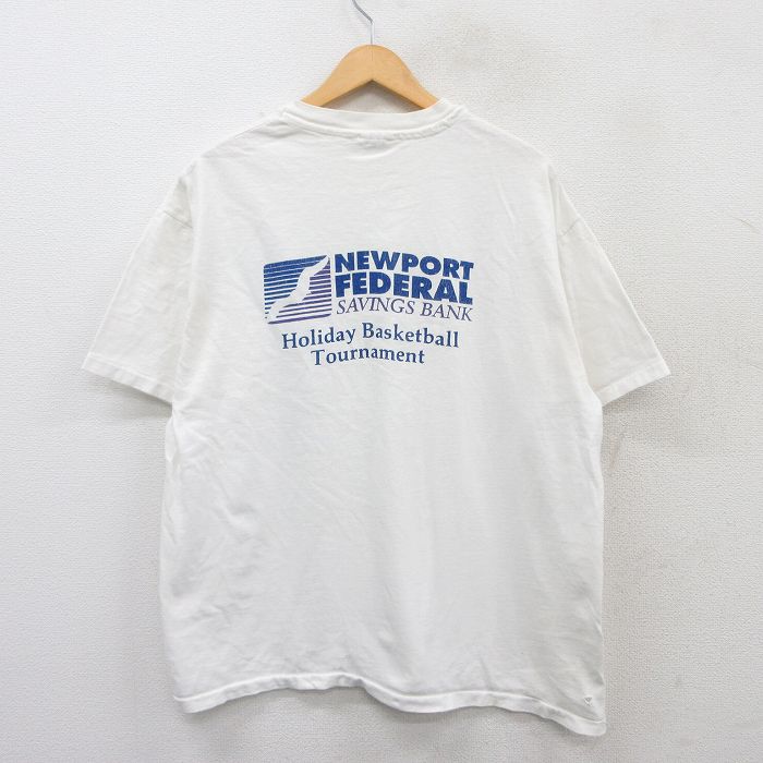 XL★古着 ヘインズ Hanes 半袖 ビンテージ Tシャツ メンズ 90年代 90s ニューポート バスケットボール 大きいサイズ コットン クルーネック USA製 白 ホワイト 25may19 中古