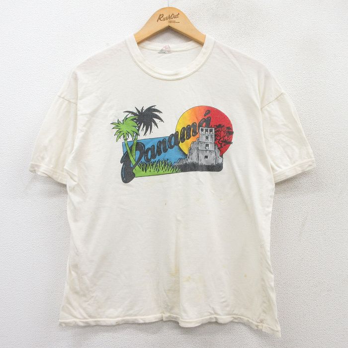 【50%OFF】L★古着 半袖 ビンテージ Tシャツ メンズ 80年代 80s パナマ クルーネック 生成り リンガー 25may19 中古