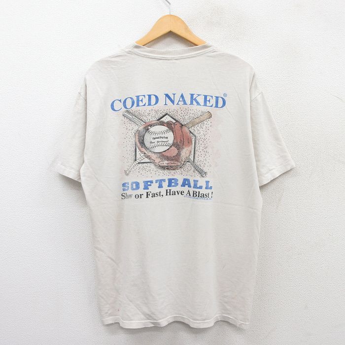 XL★古着 半袖 ビンテージ Tシャツ メンズ 90年代 90s ソフトボール COED MAKED コットン クルーネック USA製 生成り 25may19 中古