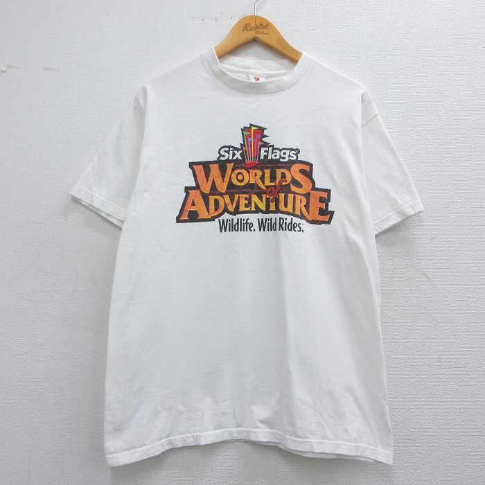 【50%OFF】L★古着 半袖 ビンテージ Tシャツ メンズ 00年代 00s シックスフラッグス ワールズオブアドベンチャー クルーネック 白 ホワイト 25may19 中古