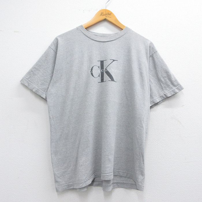 L★古着 カルバンクライン Calvin Klein ジーンズ 半袖 ビンテージ Tシャツ メンズ 90年代 90s ビッグロゴ コットン クルーネック USA製 グレー 霜降り 【spe】 25may19 中古