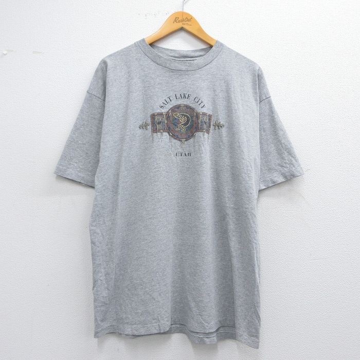 XL★古着 半袖 ビンテージ Tシャツ メンズ 90年代 90s ココペリ族 コットン クルーネック USA製 グレー 霜降り 25may19 中古