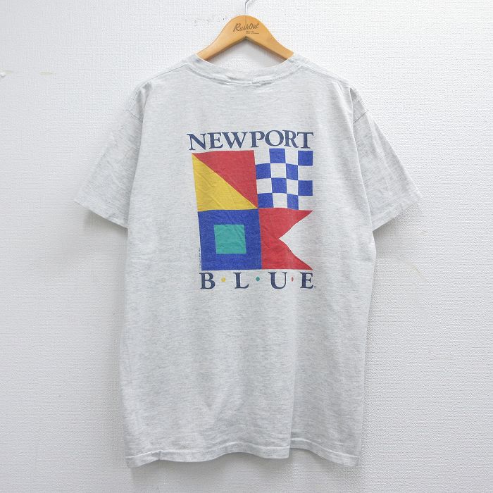 XL★古着 半袖 ビンテージ Tシャツ メンズ 90年代 90s ニューポート コットン クルーネック USA製 薄グレー 霜降り 25may19 中古