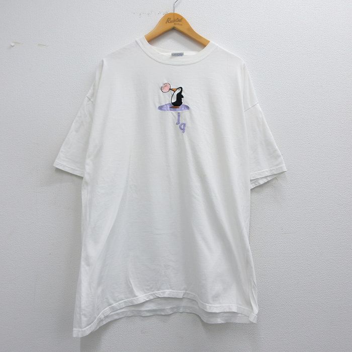 XL★古着 ヘインズ Hanes 半袖 ビンテージ Tシャツ メンズ 00年代 00s ペンギン 刺繍 大きいサイズ ロング丈 コットン クルーネック 白 ホワイト 25may19 中古