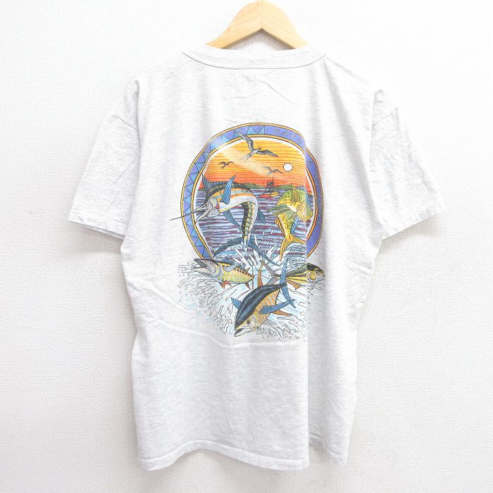 【50%OFF】L★古着 半袖 ビンテージ Tシャツ メンズ 90年代 90s 魚 クルーネック 薄グレー 霜降り 25may19 中古