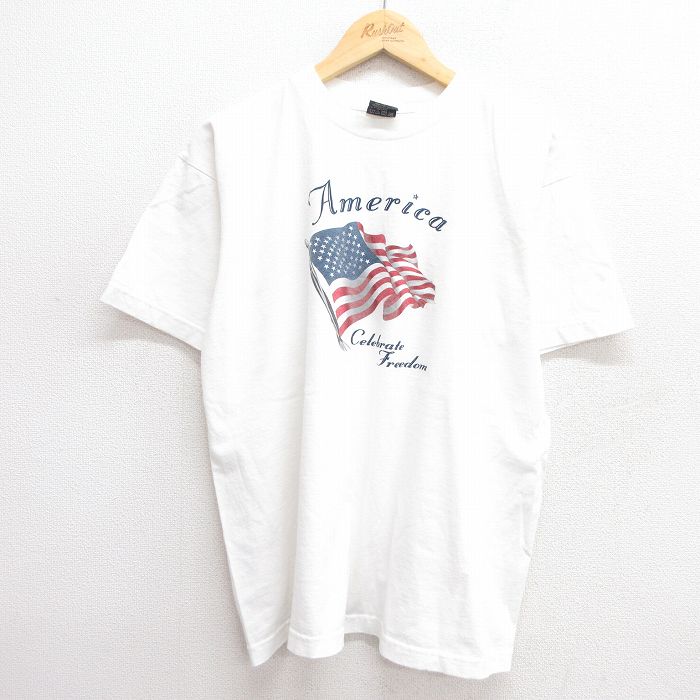 XL★古着 半袖 ビンテージ Tシャツ メンズ 90年代 90s 星条旗 アメリカ コットン クルーネック USA製 白 ホワイト 25may19 中古