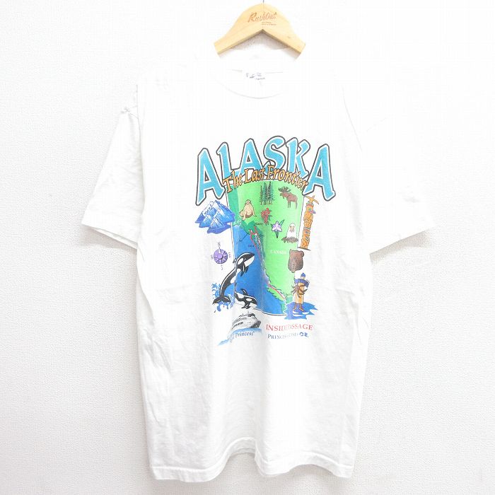 XL★古着 半袖 ビンテージ Tシャツ メンズ 80年代 80s アラスカ イルカ クマ コットン クルーネック 白 ホワイト 25may19 中古