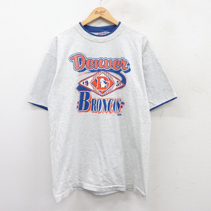 【50%OFF】XL★古着 半袖 ビンテージ Tシャツ メンズ 90年代 90s NFL デンバーブロンコス コットン クルーネック USA製 グレー 霜降り アメフト スーパーボウル 25may19 中古
