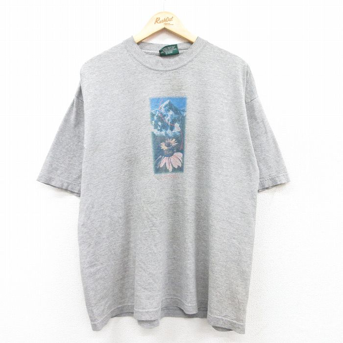 XL★古着 アメリカンイーグル American Eagle 半袖 ビンテージ Tシャツ メンズ 90年代 90s ヒマワリ 大きいサイズ コットン クルーネック USA製 グレー 霜降り 【spe】 25may19 中古