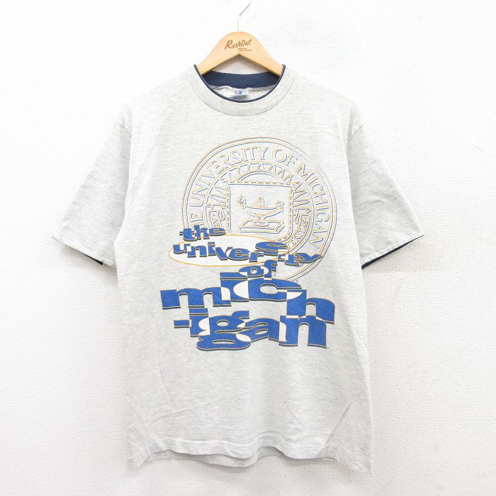 【50%OFF】L★古着 半袖 ビンテージ Tシャツ メンズ 80年代 80s ミシガン 大学 カレッジ コットン クルーネック USA製 薄グレー 霜降り 25may19 中古