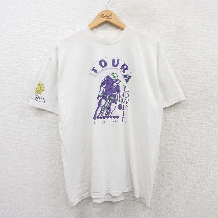 XL★古着 ヘインズ Hanes 半袖 ビンテージ Tシャツ メンズ 80年代 80s 自転車 ロウェル クルーネック USA製 白 ホワイト 25may19 中古
