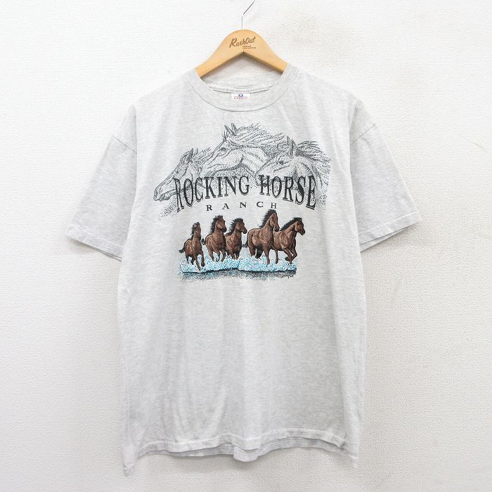 XL★古着 半袖 ビンテージ Tシャツ メンズ 00年代 00s 馬 ロッキングホース コットン クルーネック 薄グレー 霜降り 25may19 中古