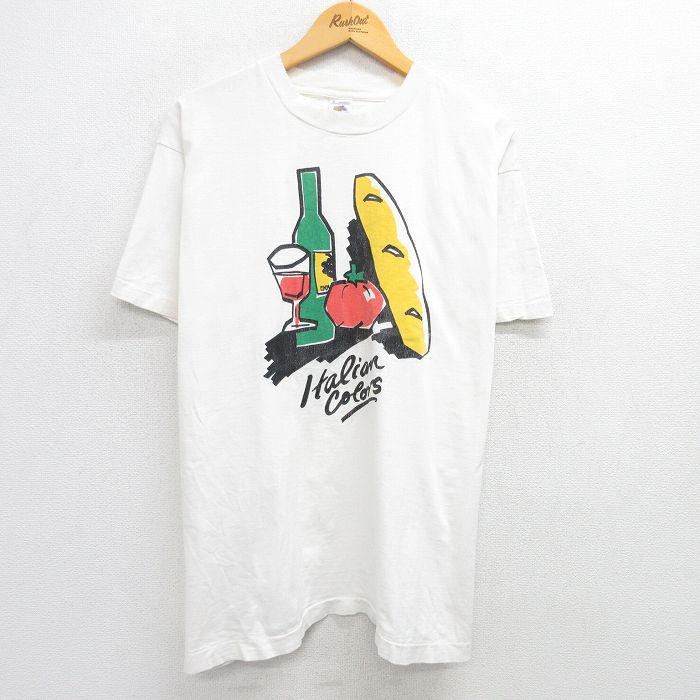 XL★古着 フルーツオブザルーム 半袖 ビンテージ Tシャツ メンズ 90年代 90s トマト パン 大きいサイズ コットン クルーネック 白 ホワイト 25may19 中古