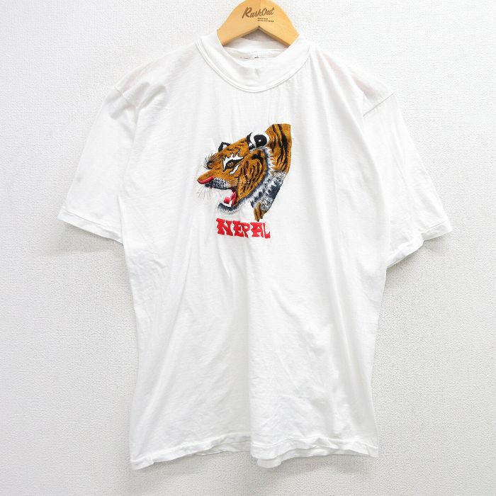 M★古着 半袖 ビンテージ Tシャツ メンズ 90年代 90s トラ ネパール 刺繍 クルーネック 白 ホワイト 【spe】 25may19 中古