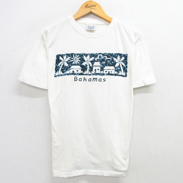 XL★古着 半袖 ビンテージ Tシャツ メンズ 90年代 90s バハマ ヤシの木 コットン クルーネック 白 ホワイト 25may19 中古