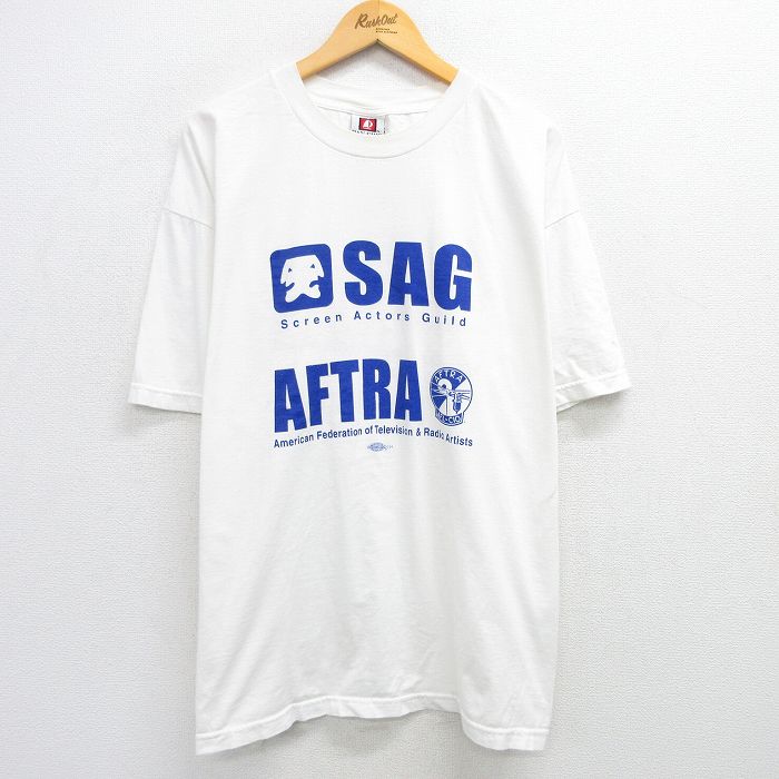 XL★古着 半袖 ビンテージ Tシャツ メンズ 90年代 90s SAG AFTRA 大きいサイズ コットン クルーネック USA製 白 ホワイト 25may19 中古