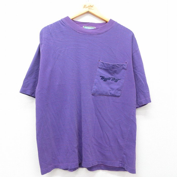 L★古着 ビューグルボーイ 半袖 ビンテージ Tシャツ メンズ 90年代 90s ワンポイントロゴ 胸ポケット付き ボロ コットン クルーネック 紫他 パープル ボーダー 【spe】 25may19 中古