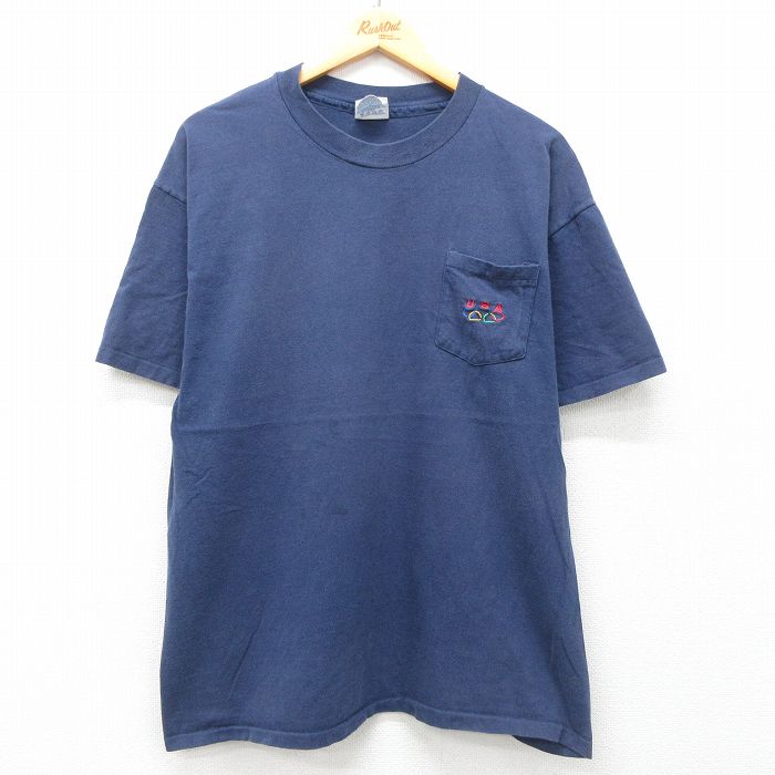 XL★古着 ヘインズ Hanes 半袖 ビンテージ Tシャツ メンズ 00年代 00s オリンピック 胸ポケット付き コットン クルーネック 紺 ネイビー 25may19 中古