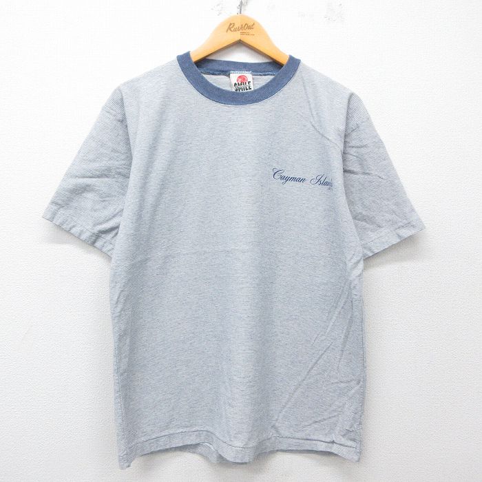 【20%OFF】L★古着 半袖 ビンテージ Tシャツ メンズ 90年代 90s Cayman Islands クルーネック USA製 紺他 ネイビー ボーダー 25may19 中古