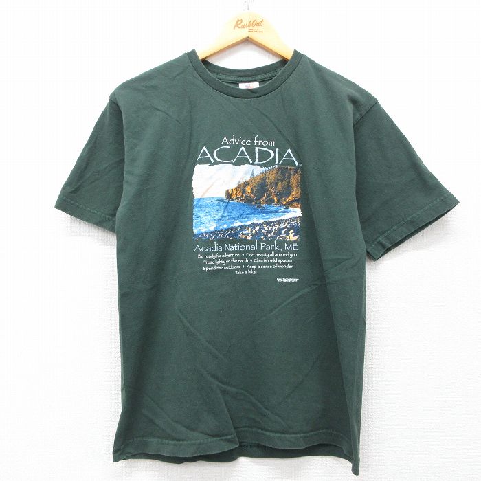 M★古着 半袖 ビンテージ Tシャツ メンズ 00年代 00s ACADIA コットン クルーネック USA製 緑 グリーン 25may19 中古
