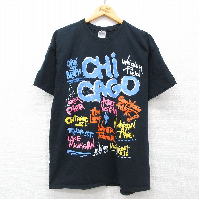 XL★古着 半袖 ビンテージ Tシャツ メンズ 00年代 00s シカゴ コットン クルーネック 黒 ブラック 25may19 中古