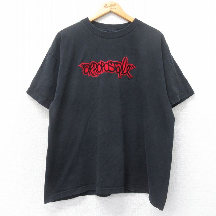 XL★古着 エアロポステール AEROPOSTALE 半袖 ビンテージ Tシャツ メンズ 00年代 00s ビッグロゴ フロッキープリント 大きいサイズ コットン クルーネック 黒 ブラック 25may20 中古