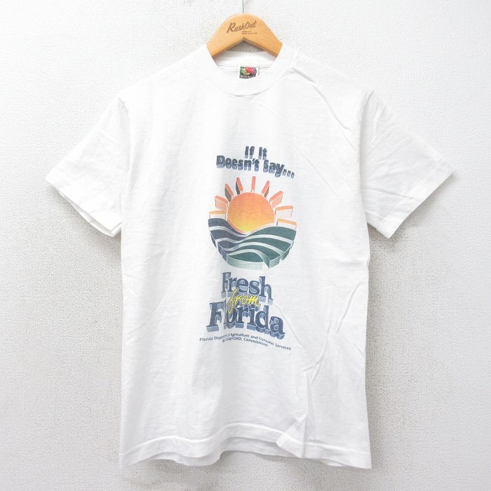 M★古着 フルーツオブザルーム 半袖 ビンテージ Tシャツ メンズ 90年代 90s 太陽 フロリダ コットン クルーネック USA製 白 ホワイト 25may20 中古
