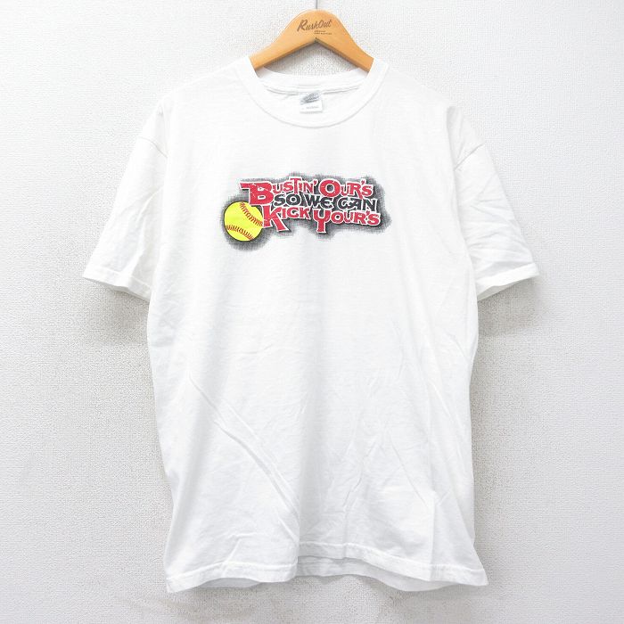 L★古着 半袖 ビンテージ Tシャツ メンズ 00年代 00s BUSTIN OURS 野球 コットン クルーネック 白 ホワイト 25may20 中古