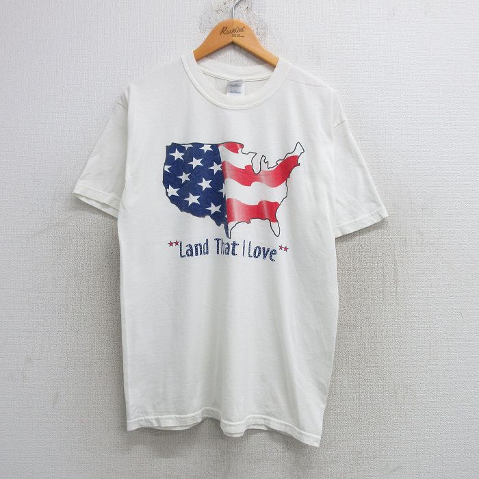 L★古着 半袖 ビンテージ Tシャツ メンズ 00年代 00s 星条旗 コットン クルーネック 白 ホワイト 25may21 中古