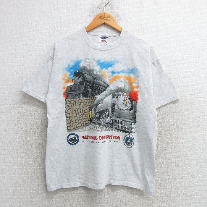 L★古着 ジャージーズ 半袖 ビンテージ Tシャツ メンズ 90年代 90s 機関車 クルーネック USA製 薄グレー 霜降り 25may21 中古