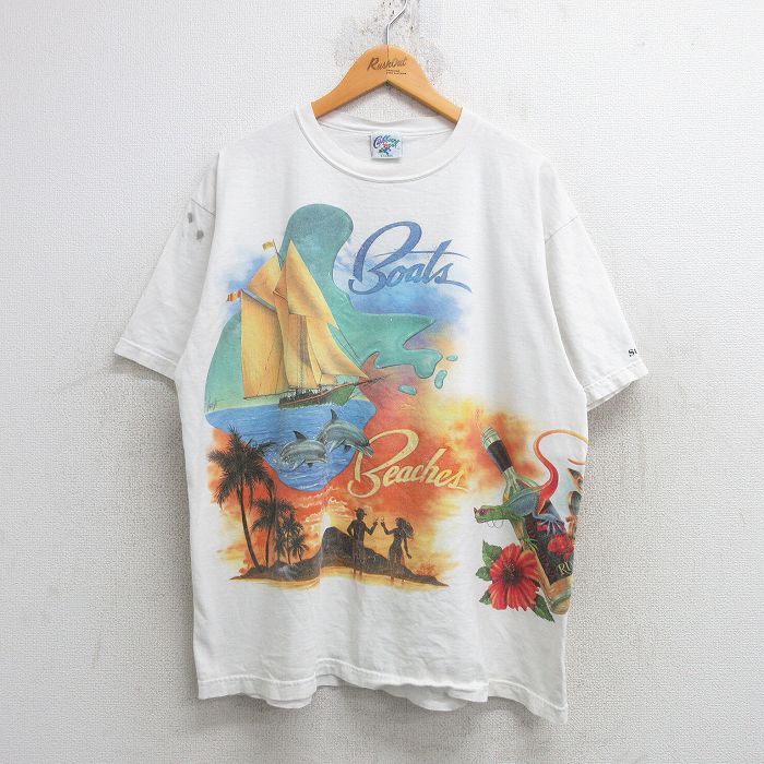 XL★古着 半袖 ビンテージ Tシャツ メンズ 90年代 90s イルカ 船 大きいサイズ コットン クルーネック USA製 白 ホワイト 25may21 中古