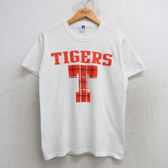 S★古着 ラッセル 半袖 ビンテージ Tシャツ メンズ 80年代 80s TIGERS クルーネック USA製 白 ホワイト 25may21 中古