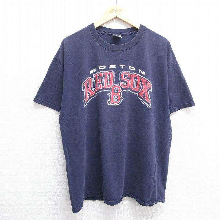 XL★古着 半袖 ビンテージ Tシャツ メンズ 00年代 00s MLB ボストンレッドソックス 大きいサイズ コットン クルーネック 紺 ネイビー メジャーリーグ ベースボール 野球 25may21 中古
