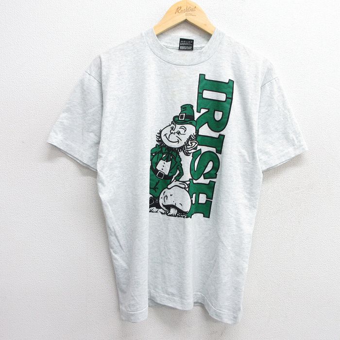 L★古着 フルーツオブザルーム 半袖 ビンテージ Tシャツ メンズ 90年代 90s IRISH クルーネック USA製 薄グレー 霜降り 25may21 中古