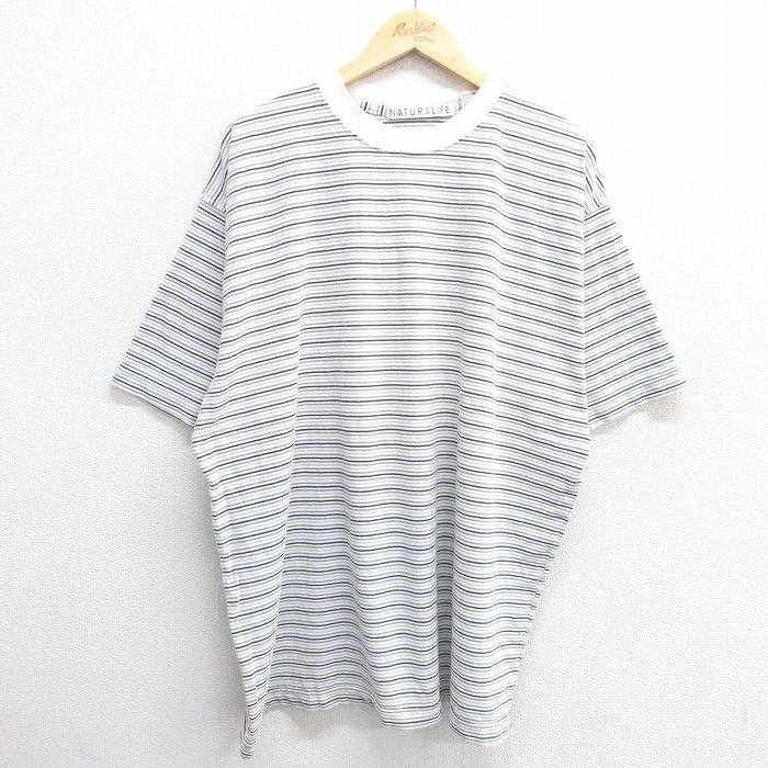 【50%OFF】XL★古着 半袖 ビンテージ Tシャツ メンズ 00年代 00s 鹿の子 コットン クルーネック 白他 ホワイト ボーダー 25may21 中古